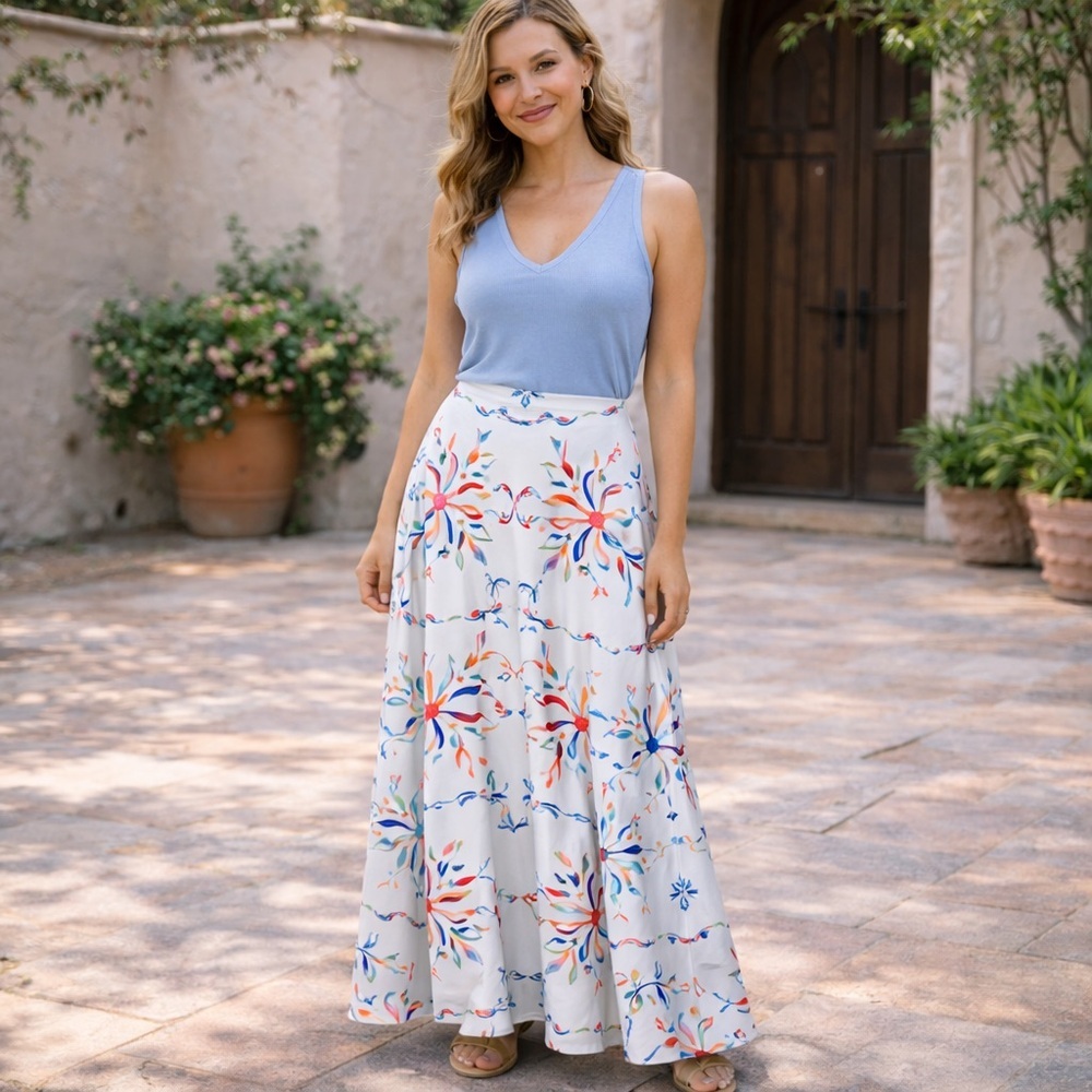 Sabina Musayev Artsy Satin Elastic Waist Abstract Art To Wear Maxi Skirt XS